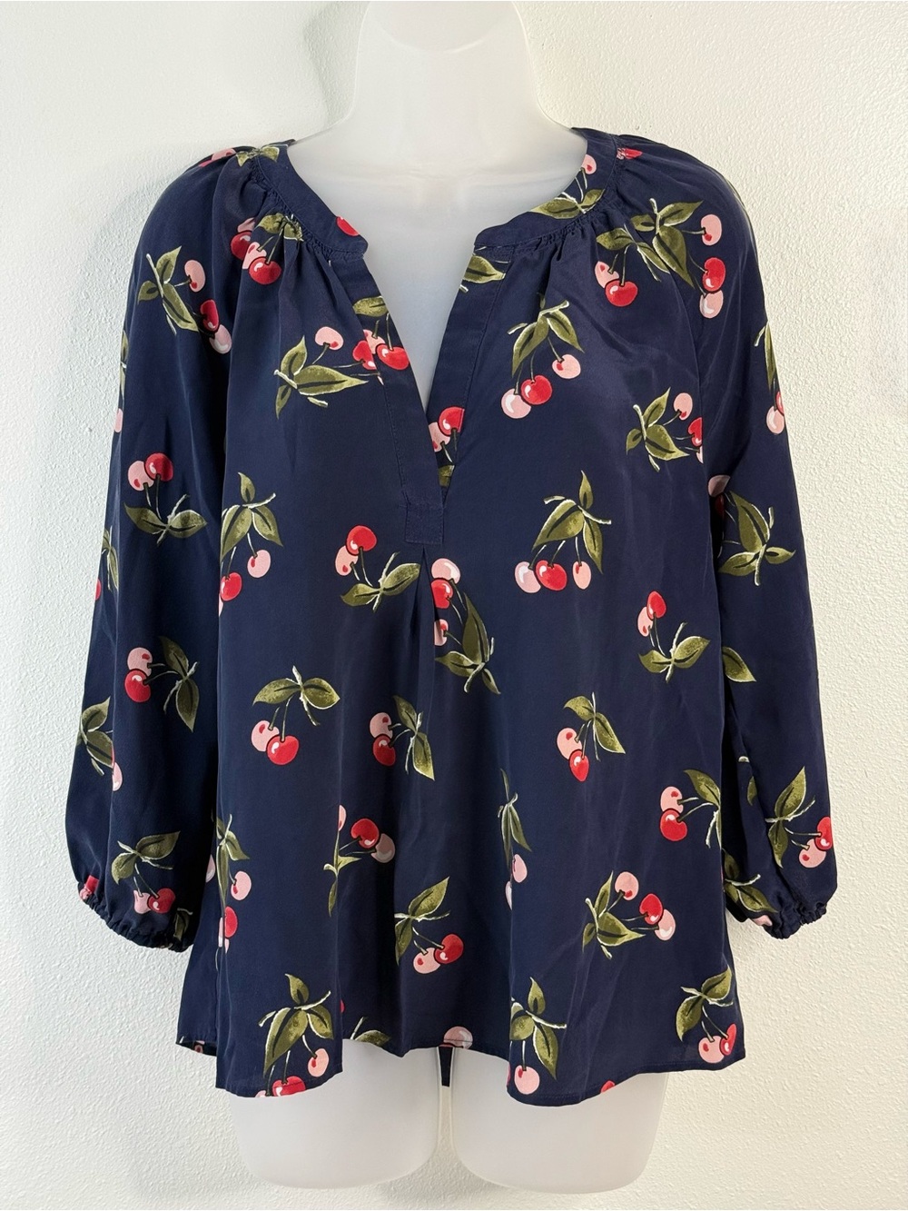 Joie 100% Silk Cherry Print Peasant Blouse Navy Long Sleeve Top Size Medium